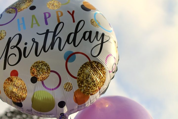 Luftballon mit der Aufschrift „Happy Birthday“ und bunten Kreisen und Glitzer.